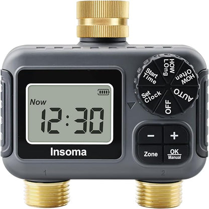 Insoma Water Timer 2 Zone, Programmable Irrigation Sprinkler Timer for Garden Hose, Outdoor Hose Faucet Timers with Rain Delay/Manual/Auto Modes, IPX5 Waterproof for Drip System & Lawn