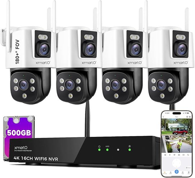 xmartO 4 Dual-Lens Wireless Camera Kit, 8-View WiFi6 Mesh Long Range Security System, 16CH 4K Dual Band NVR, 4MP 180° Static FOV & 360°PTZ AI Tracking, 24/7 Plug-in, 500GB HDD, No Monthly Fee