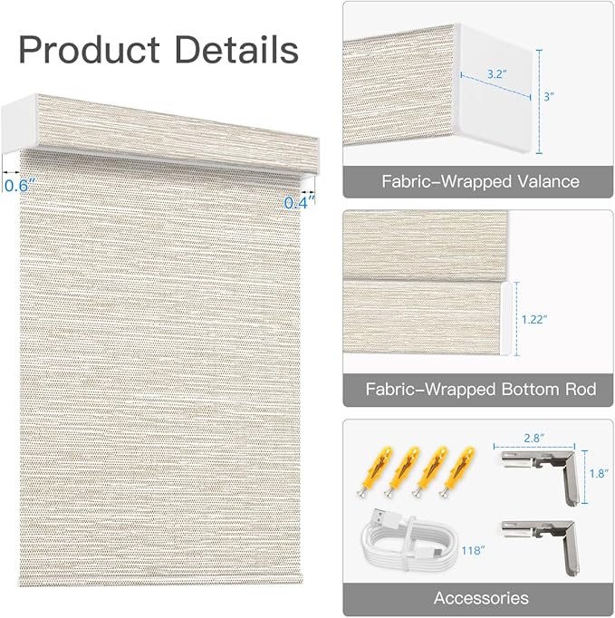 Tokblind Motorized Light Filtering Roller Shade Fabric Covered Valance and Bottom Rod, Remote Control Electric Window Blind Work with Alexa via Hub, Custom Size (Texture Light Coffee - Wrapped Fabric)