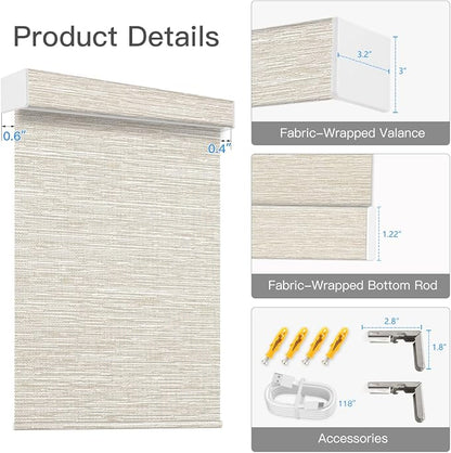 Tokblind Motorized Light Filtering Roller Shade Fabric Covered Valance and Bottom Rod, Remote Control Electric Window Blind Work with Alexa via Hub, Custom Size (Texture Light Coffee - Wrapped Fabric)