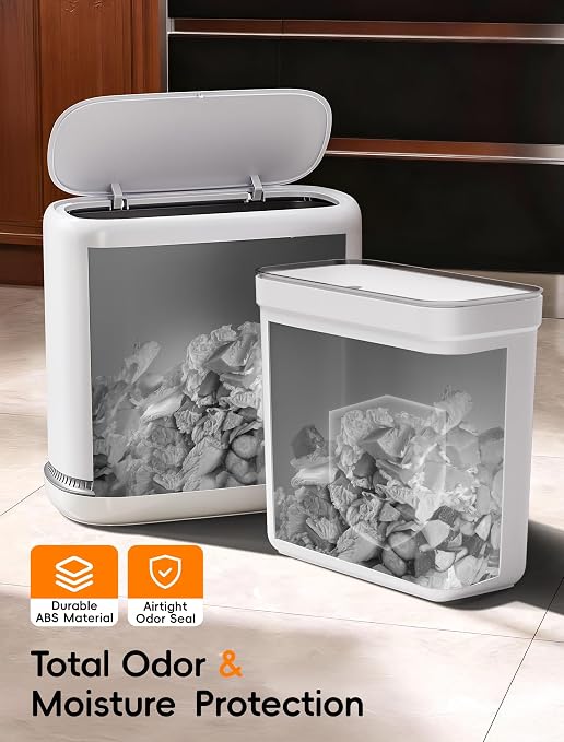 Dog Proof Small Bathroom Trash Can with Lid, Slim Press Top Garbage Can, Narrow White Plastic Waste Basket, for Bathroom Bedroom Office 2 Pack Set with 4.8 Gal and 3.3 Gal