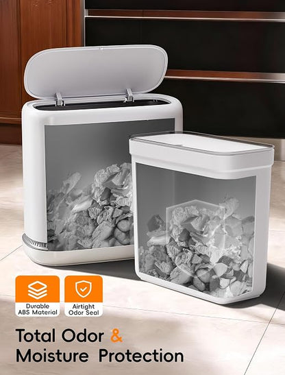 Dog Proof Small Bathroom Trash Can with Lid, Slim Press Top Garbage Can, Narrow White Plastic Waste Basket, for Bathroom Bedroom Office 2 Pack Set with 4.8 Gal and 3.3 Gal