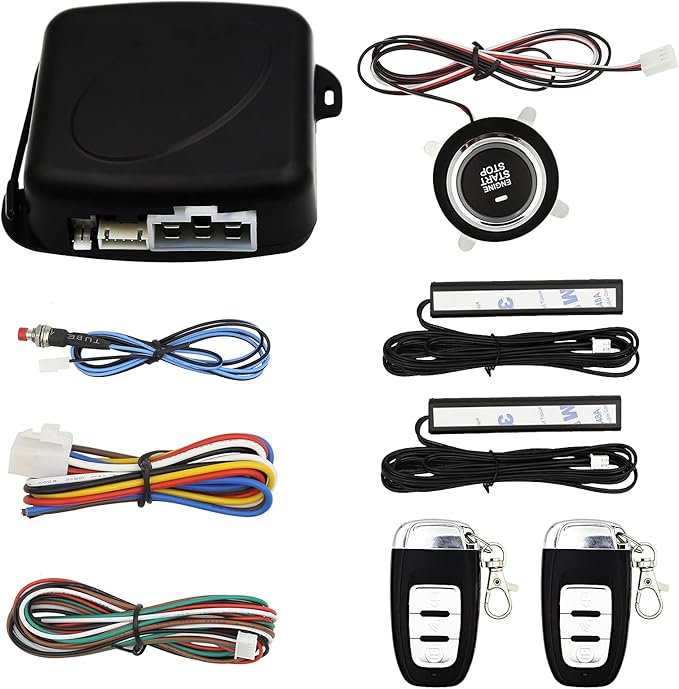 Passive Keyless Entry Car Alarm System PKE Engine Starter Push Button Vehicles Start/Stop Kit Safe Lock with 2 Smart Key (Upgrade)