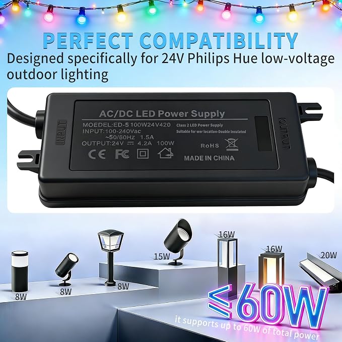 24V 100W Power Adapter for Philips Hue Bridge Outdoor Lighting | IP67 Waterproof Double Connector Power Supply Compatible with Philips Hue Lily Spot, Lily XL, Calla Pathway, Impress Lights