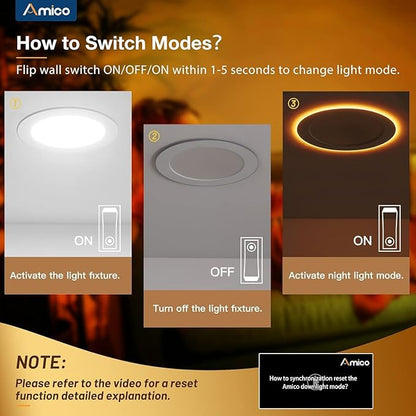 Amico 6 Pack 6 Inch 5CCT LED Recessed Ceiling Light with Night Light, 2700K/3000K/3500K/4000K/5000K Selectable Ultra-Thin Recessed Lighting, 12W=110W, 1100LM, Dimmable Canless Wafer Downlight ETL&FCC