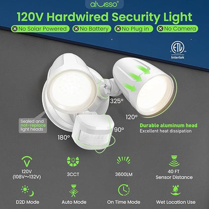ALUSSO Motion Sensor Outdoor Lights Metal Heads, 30W 3600LM Flood Lights Outdoor 120V, 3 Modes Dusk to Dawn/Auto/On Time, 3000K 4000K 6500K Adjustable, Hardwired Security Light ETL Listed, White 1PC