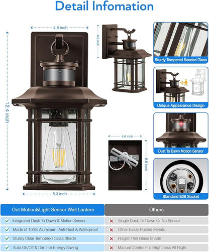 VIANIS Motion Lights for Outside, 2 Pack Dusk to Dawn Exterior Lighting Fixtures, Bronze Front Porch Light Lantern, Waterproof Outside Lights for House, Porch, Entryway, Oil Rubbed Bronze, Anti-Rust