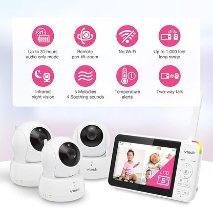 VTech VM924-3 5" Pan Tilt Zoom Video Baby Monitor with 3 Cameras – No WiFi, 17Hr Battery, 1000ft Range, Night Vision & Lullabies – Ideal for New Parents