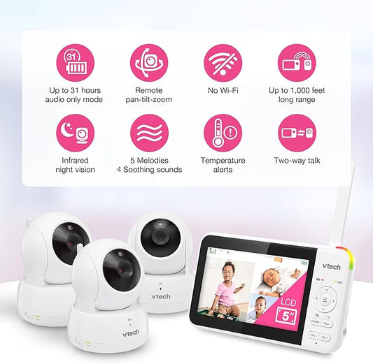 VTech VM924-3 5" Pan Tilt Zoom Video Baby Monitor with 3 Cameras – No WiFi, 17Hr Battery, 1000ft Range, Night Vision & Lullabies – Ideal for New Parents