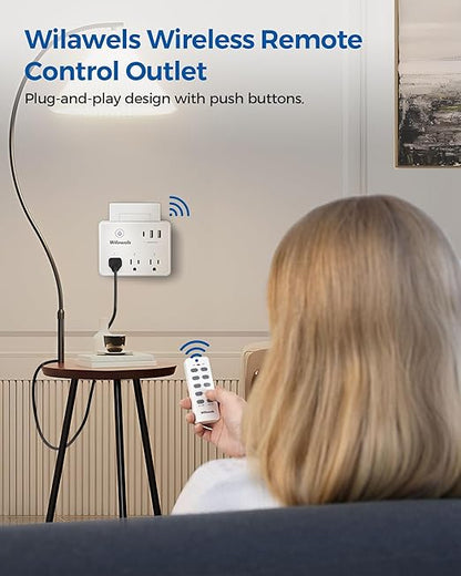 Remote Control Outlet, Multi-Plug Outlet with 3 Outlets and 3 USB Ports, No Interference Remote Outlet, Wireless Light Switch, 100FT RF Range, Programmable and Expandable, FCC Listed W03RC06