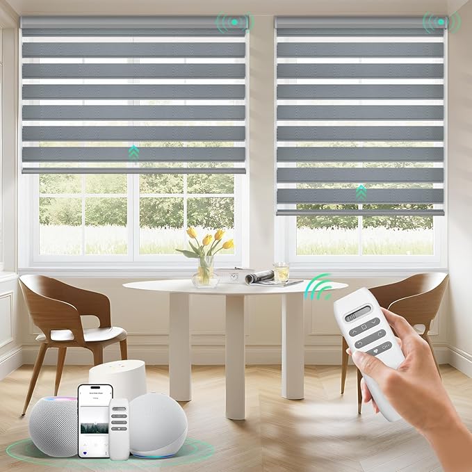 HeyBlinds Motorized Zebra Blinds with Remote, Smart Cordless Electric Zebra Shades for Indoor Windows Compatible with Alexa Google & Homekit, Custom Size (Waving-Perla Gray BO)