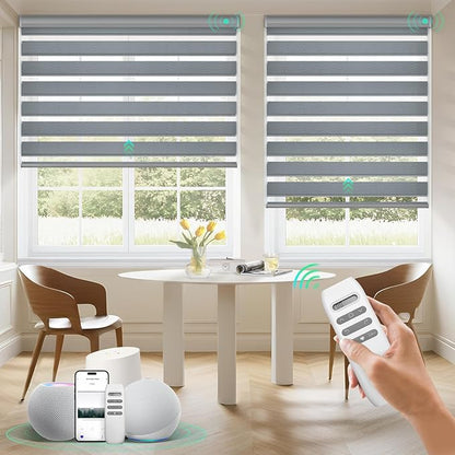 HeyBlinds Motorized Zebra Blinds with Remote, Smart Cordless Electric Zebra Shades for Indoor Windows Compatible with Alexa Google & Homekit, Custom Size (Waving-Perla Gray BO)