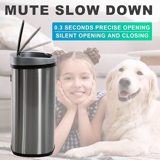 HCY Kitchen Trash Can 13 Gallon Automatic Metal Garbage Can Stainless Steel Waste Bin with Lid Smart for Kitchen,Office,Living Room,Bathroom(Silver)
