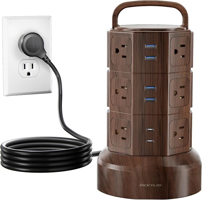 JACKYLED Power Strip Tower Surge Protector, 12 AC 6 USB (2 USB C), 1050J | 6.5Ft Retractable Extension Cord with Multiple Outlets, 1625W/13A Outlet Extender, USB Charging Station for Home Office Dorm