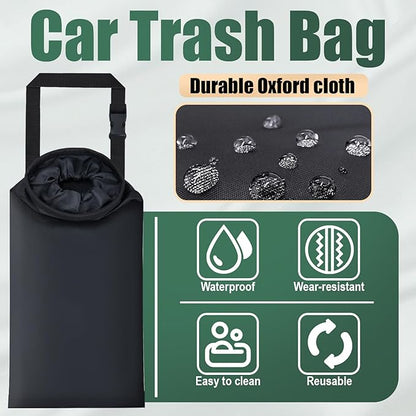 ecocstm 2 PCS Car Trash Bags, Car Accessories Washable Garbage Bag Hanging, Detachable Trash Can with Top Elastic Vent & Sticky Strap Bottom Opening, Seat Back Tash Bag for Cars,Travelling,Outdoor