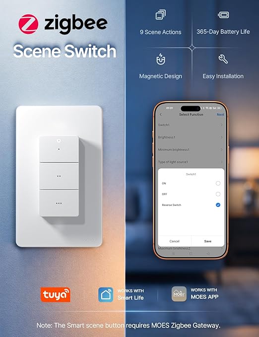 MOES Wireless Zigbee Smart Scene Button, Needs MOES Zigbee Hub, 9-Action | 365-Day Battery, Magnetic Base Sticks to Metal