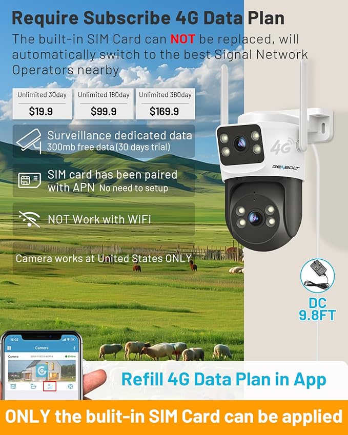 GENBOLT 4G LTE Cellular Security Camera Outdoor No WiFi, Dual Lens PoE Surveillance Camera CCTV with Sim Card, 24/7 Recording Plug in Wired IP Cam with Auto Tracking Human Detection