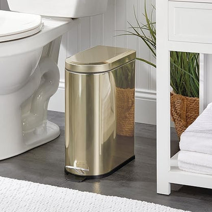 mDesign Small 2.6 Gallon/10 Liter Stainless Steel Metal Step Trash Can Garbage Bin for Bathroom, Bedroom, Office, D-Shape Trashcan with Foot Pedal/Lid, Removable Liner Bucket with Handles, Soft Brass