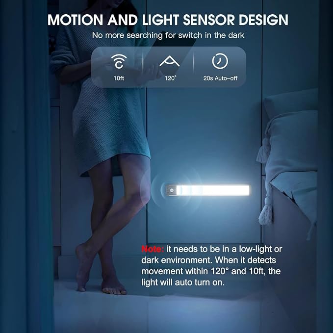 10inch Under Cabinet Lighting with 3 Color Temps, 2 Pack Rechargeable Motion Sensor Light Indoor, 5 Levels Dimmable Magnetic Closet Lights, Wireless Under Counter Lights for Kitchen, Stairs