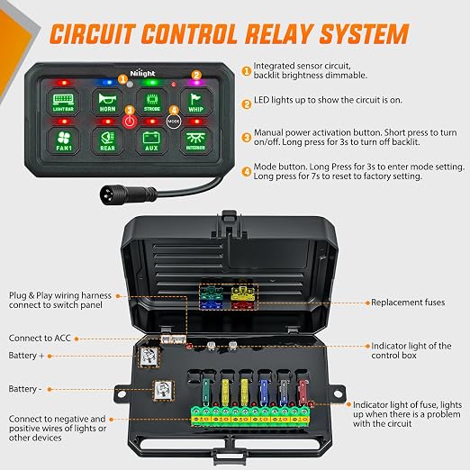 Nilight 8 Gang Switch Panel Green 12V 24V Circuit Control System 4-Mode | Fuse Wiring Harness Automatic Dimmable LED Pod Toggle/Momentary/Strobe/Flash Modes for Car Pickup Truck Camper SUV