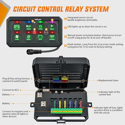 Nilight 8 Gang Switch Panel Green 12V 24V Circuit Control System 4-Mode | Fuse Wiring Harness Automatic Dimmable LED Pod Toggle/Momentary/Strobe/Flash Modes for Car Pickup Truck Camper SUV
