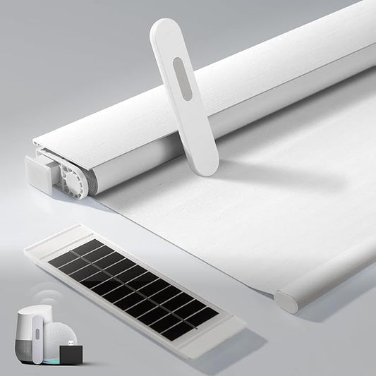 No Drill Motorized Blinds with Remote, Blackout Automatic Blinds with Solar Panel, Cordless Smart Electric Roller Shades for Windows, White, 33⅞ x 72