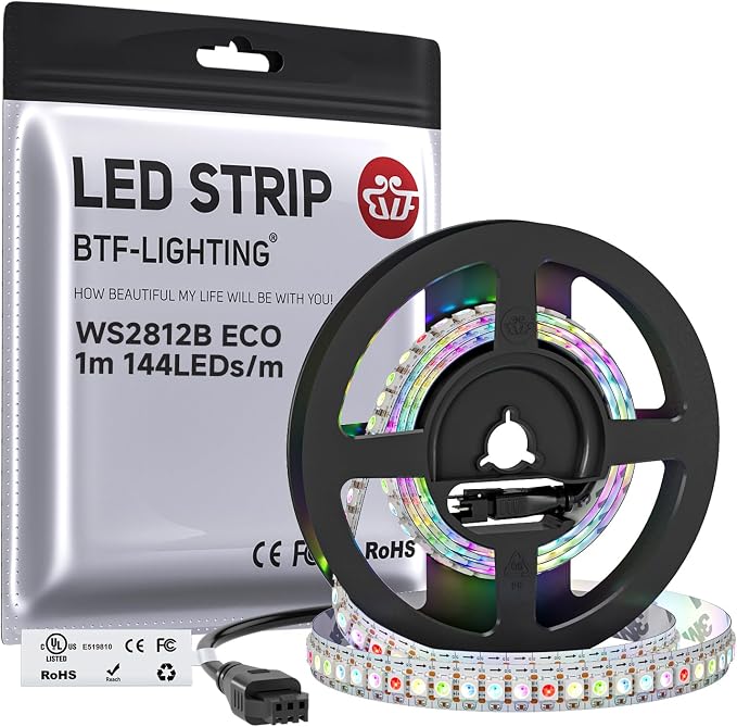 BTF-LIGHTING WS2812B ECO RGB LED Strip,UL Listed,Individually Addressable,3.28FT 144LED/m 144Pixel DC5V 5050SMD,Alloy Wire Flexible 3M Tape for DIY Chasing Color Project IP65(No Adapter or Controller)