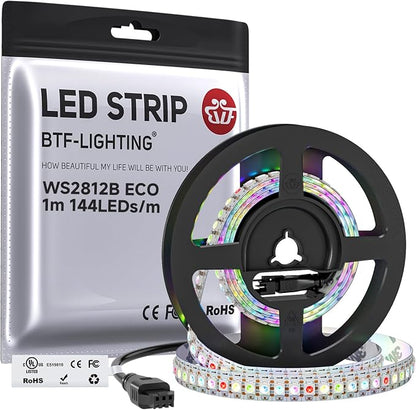 BTF-LIGHTING WS2812B ECO RGB LED Strip,UL Listed,Individually Addressable,3.28FT 144LED/m 144Pixel DC5V 5050SMD,Alloy Wire Flexible 3M Tape for DIY Chasing Color Project IP30(No Adapter or Controller)