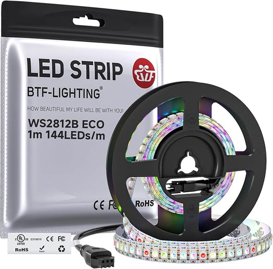 BTF-LIGHTING WS2812B ECO RGB LED Strip,UL Listed,Individually Addressable,3.28FT 144LED/m 144Pixel DC5V 5050SMD,Alloy Wire Flexible 3M Tape for DIY Chasing Color Project IP30(No Adapter or Controller)