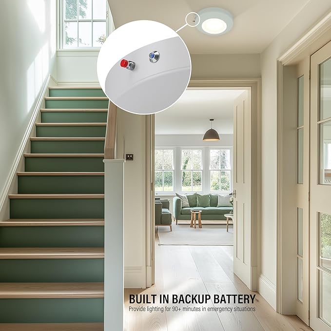 6 Inch LED Emergency Disk Light Kit with Battery Backup, Ceiling Mount Emergency Lights, Dimmable, 120-277V, 15W, 1000lm, CRI90, 5CCT Selectable, ETL & Wet Rated, White, 4 Packs