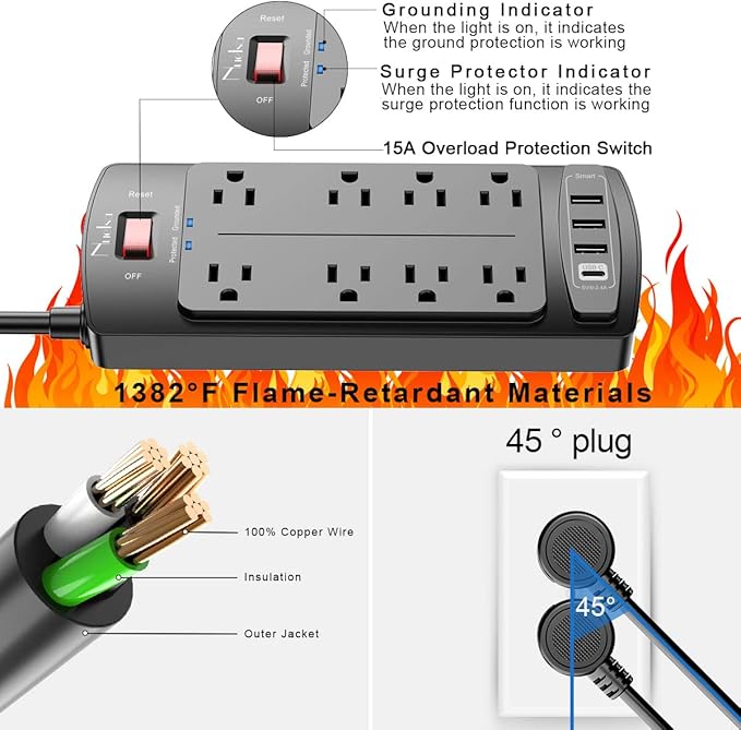 10 Feet Surge Protector Power Strip - Nuetsa Extension Cord(1625W/13A) with 8 Outlets and 4 USB Ports, Flat Plug, 2700 Joules, for Home, School, College Dorm Room, and Office, ETL Listed, Black