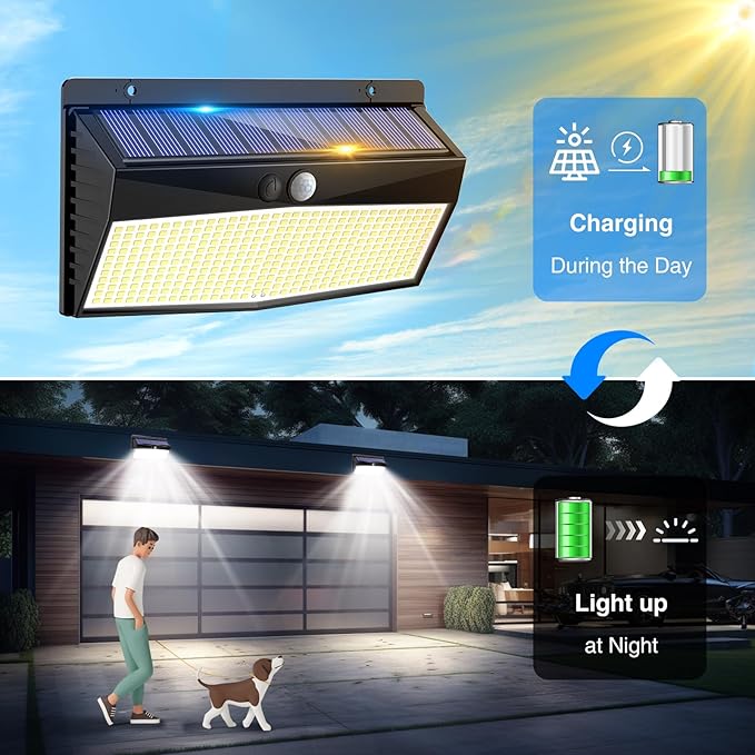 2 Pack 368 LED Solar Lights Outdoor Motion Sensor, Solar Fence Lights with 3 Lighting Modes, Solar Powered Security Lights Waterproof for Outside Yard Wall Garden Backyard Step Garage