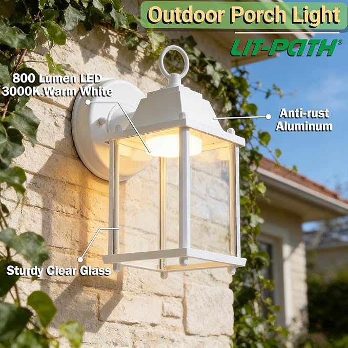 LIT-PaTH Outdoor LED Wall Lantern, Exterior Wall Sconce Porch Light Fixtures, 3000K 9.5W 800 Lumen, Aluminum Housing Plus Glass, Matte White Finish, 1-Pack