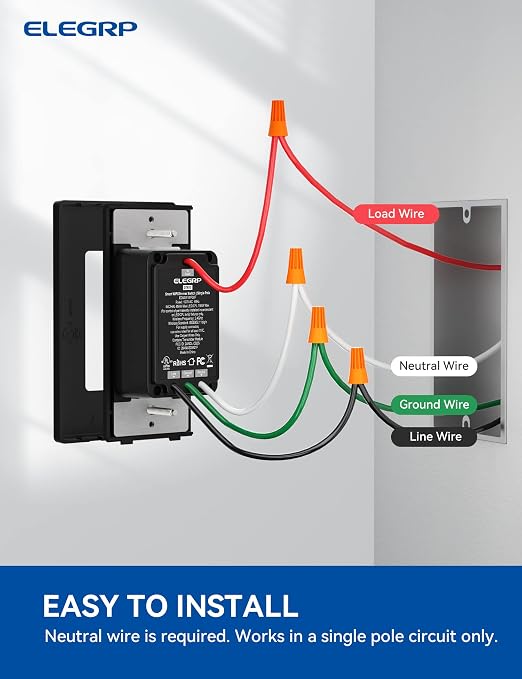 ELEGRP Smart Dimmer Light Switch DTR10, Single Pole Setup, 2.4GHz Wi-Fi Touch Dimmer Compatible with Alexa/Google Assistant, Needs Neutral Wire, No Hub Required, UL Listed, Matte Black, 4 Pack
