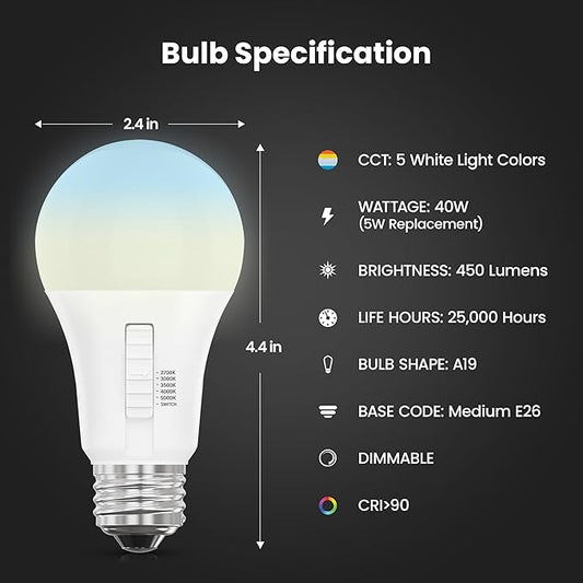 Feit Electric A19 LED Light Bulb, 40W Equivalent, Dimmable, Color Selectable 6-Way, 5CCT, E26 Medium Base, 90 CRI, 450 Lumens, Damp Rated Lightbulb, 22 Year Lifetime, OM40DM/6WYCA/2, 2 Pack