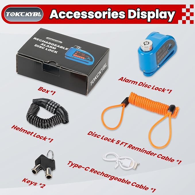 Rechargeable Motorcycle Disc Lock with 120dB Alarm, 5FT Reminder Cable with Anti-Theft Helmet Lock Cable, IP67 Waterproof, Universal Fit for Motorcycle Bike Scooter Ebike