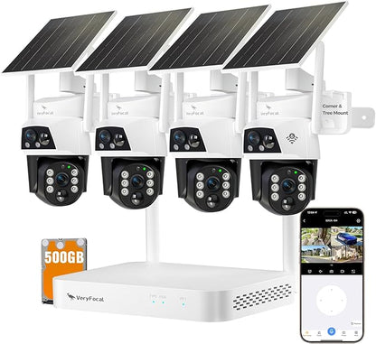 Dual Lens Wireless Home Security System Outdoor, Solar-Powered, 4PCS 2-in-1 Cameras, 10CH 4K NVR, 500GB HDD, 2.4/5GHz WiFi 6, AI Tracking, 360° PTZ, Color Night Vision, IP66, No Monthly Fee