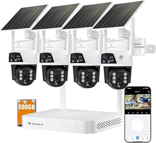 Dual Lens Wireless Home Security System Outdoor, Solar-Powered, 4PCS 2-in-1 Cameras, 10CH 4K NVR, 500GB HDD, 2.4/5GHz WiFi 6, AI Tracking, 360° PTZ, Color Night Vision, IP66, No Monthly Fee