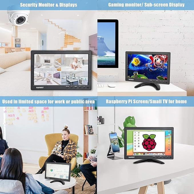Haiway 10.1 inch Security Monitor, 1024x600 Resolution Small HDMI Monitor Small Computer Monitors with Remote Control with Built-in Dual Speakers HDMI VGA BNC Input for Gaming CCTV Raspberry Pi PC
