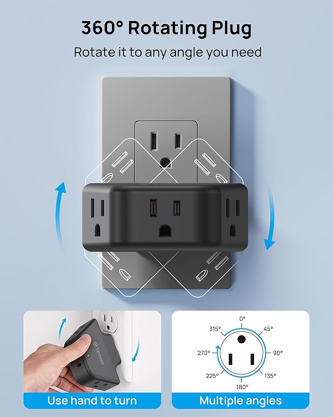 TROND 360 Rotating Plug Outlet Extender for Bathroom Kitchen, Black | Outlet Splitter with 3 Grounded Sockets, No Blocking with 3 Way Angled Design, Small Multi Plug Adapter for Home Office