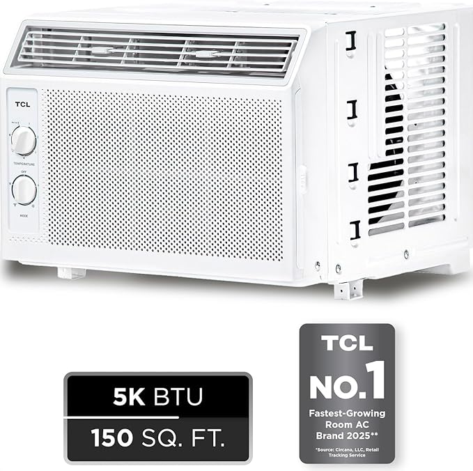 TCL 5000 BTU Window Air Conditioner, Compact Energy Efficient AC Unit with Fan & Reusable Filter for Bedroom, Living Room, Garage, Other Rooms Up To 150 Sq. Ft.