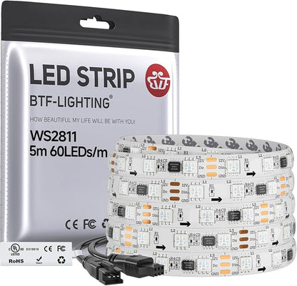 BTF-LIGHTING WS2811 Addressable RGB LED Strip 16.4FT 300LED DC12V IP65 | 100Pixels IC=RGB+IC UL Listed White PCB Flexible Chasing Effect for Indoor Home Decor,3M Tape(No Adapter or Controller)