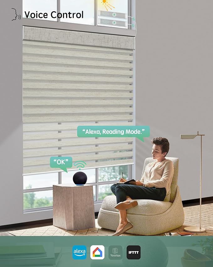 Yoolax Smart Dual Roller Shades, Motorized Blinds with Remote Smart Zebra Shades Compatible with Alexa, Blackout & Light Filtering Automatic Blinds for Windows (Zebra Linen Beige)