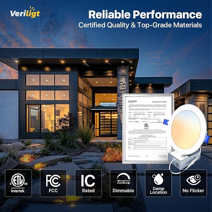 12 Pack 4 Inch 5CCT LED Recessed Light, Silm Canless Recessed Lighting, Dimmable, Damp Rated, 2700K-5000K Selectable, Wafer Ceiling Downlight with Junction Box, 750LM, 9W 120V, ETL&FCC
