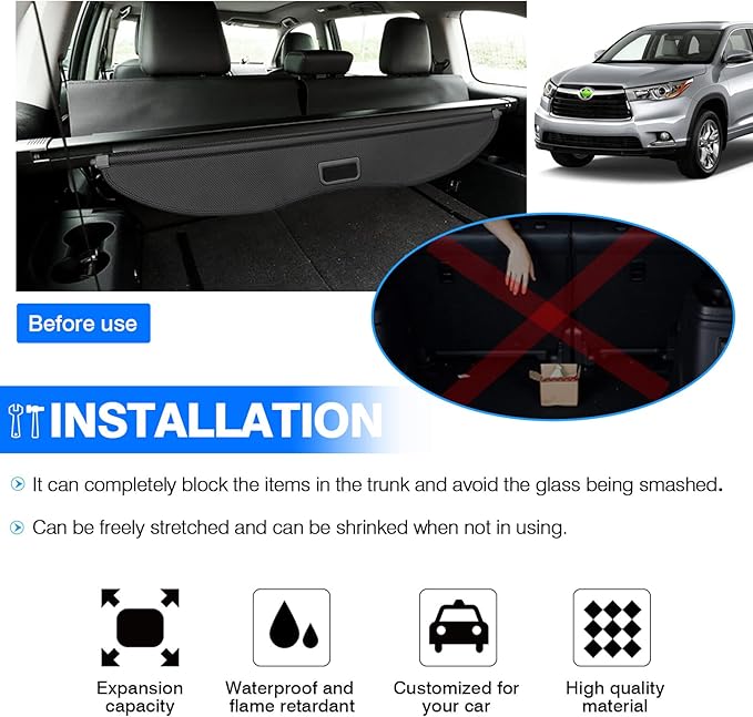 Powerty Cargo Cover for 2014-2019 Toyota Highlander Accessories, Carbon-Fiber Texture Trunk Cover Retractable Privacy Screen Rear Security Shade Cover for Toyota Highlander Accessories