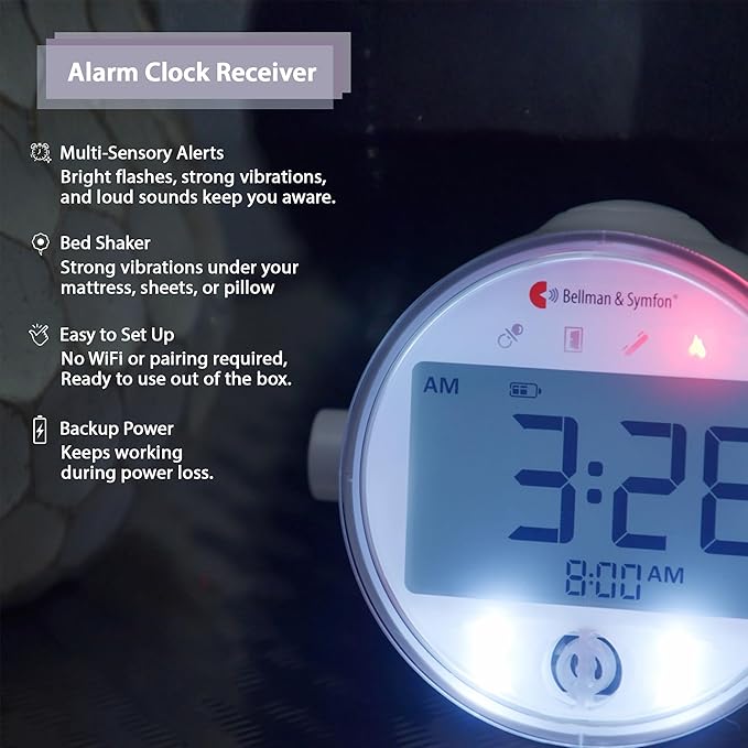 Bellman & Symfon Alarm Clock Receiver with Bed Shaker – Visit Smart Home System Hub Component – Deaf and Hard of Hearing – Vibrating Loud Alarm, Flashing Light Alerts, Emergency Receiver for Seniors