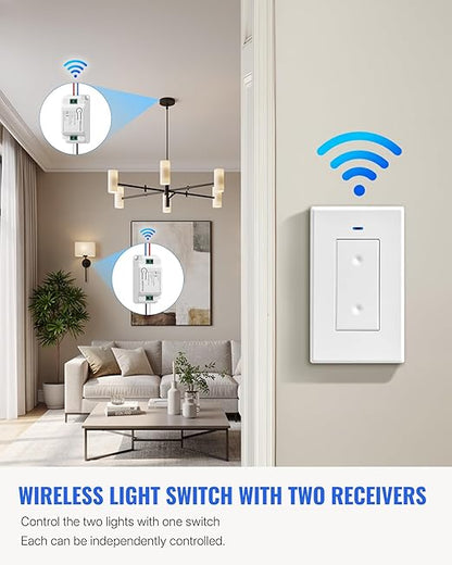 Wireless Light Switch and Receiver Kit, WILAWELS Remote Wall Switches Lighting Fixture, No Wiring, Programmable, 100FT RF Range, 1 Remote Switch for 2 Receivers for Ceiling Light, Fan, Lamp W06RC1206