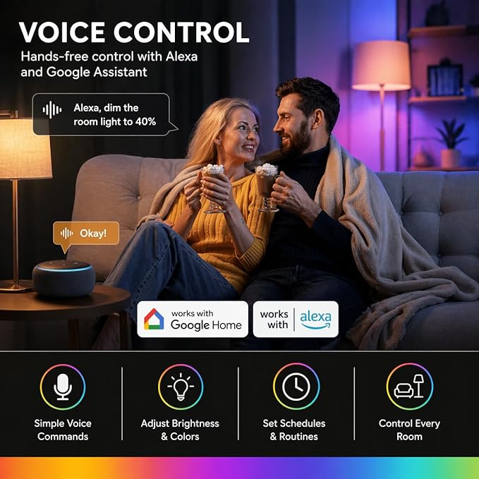 Smart Light Bulbs 2 Pack, A19 Color Changing LED (800 Lumens), WiFi & Bluetooth, Music Sync, Compatible with Alexa & Google Assistant, No Hub Needed, 16 Million Colors