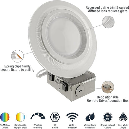 HALO 6” Dual Zone Smart Wi-Fi® Canless LED Light Powered by WiZ Pro 4 Pack, Dimmable Full Color w/SpaceSense, Smart Home Ready RLWZDZC6-4PK