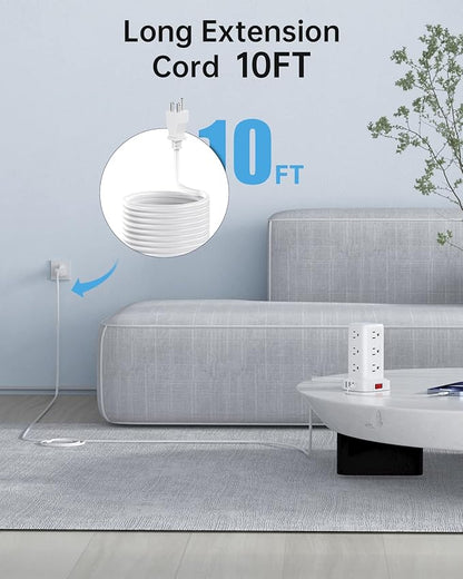 AnnTane Surge Protector Power Strip 10 FT Cord, Power Strip Tower with 4 USB Ports (1USB C), Extension Cord with 12 AC Multiple Outlets, Home Office Supplies Desk Accessories, Dorm Room Essentials